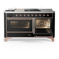 ILVE Majestic III 60-Inch Dual Fuel Range with 7 Sealed Burners + Griddle + French Top, 5.8 cu. ft. Oven, Glossy Black with Copper Trim, Liquid Propane, Triple Glass Door, UM60FSNR3BKPLP