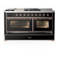 ILVE Majestic III 60-Inch Dual Fuel Range with 7 Sealed Burners + Griddle + French Top, 5.8 cu. ft. Oven, Glossy Black with Copper Trim, Liquid Propane, Triple Glass Door, UM60FSNR3BKPLP