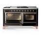 ILVE Majestic III 60-Inch Dual Fuel Range with 7 Sealed Burners + Griddle + French Top, 5.8 cu. ft. Oven, Glossy Black with Copper Trim, Natural Gas, Triple Glass Door, UM60FSNR3BKP