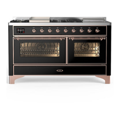 ILVE Majestic III 60-Inch Dual Fuel Range with 7 Sealed Burners + Griddle + French Top, 5.8 cu. ft. Oven, Glossy Black with Copper Trim, Natural Gas, Triple Glass Door, UM60FSNR3BKP