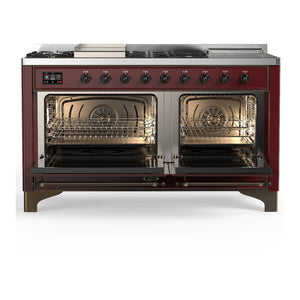 ILVE Majestic III 60-Inch Dual Fuel Range with 7 Sealed Burners + Griddle + French Top, 5.8 cu. ft. Oven, Burgundy with Burnished Trim, Liquid Propane, Triple Glass Door, UM60FSNR3BUBLP