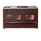 ILVE Majestic III 60-Inch Dual Fuel Range with 7 Sealed Burners + Griddle + French Top, 5.8 cu. ft. Oven, Burgundy with Burnished Trim, Natural Gas, Triple Glass Door, UM60FSNR3BUB