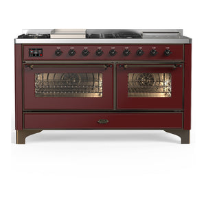 ILVE Majestic III 60-Inch Dual Fuel Range with 7 Sealed Burners + Griddle + French Top, 5.8 cu. ft. Oven, Burgundy with Burnished Trim, Natural Gas, Triple Glass Door, UM60FSNR3BUB