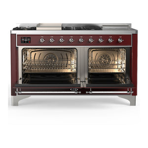 ILVE Majestic III 60-Inch Dual Fuel Range with 7 Sealed Burners + Griddle + French Top, 5.8 cu. ft. Oven, Burgundy with Chrome Trim, Liquid Propane, Triple Glass Door, UM60FSNR3BUCLP