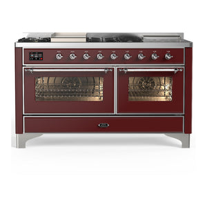 ILVE Majestic III 60-Inch Dual Fuel Range with 7 Sealed Burners + Griddle + French Top, 5.8 cu. ft. Oven, Burgundy with Chrome Trim, Natural Gas, Triple Glass Door, UM60FSNR3BUC