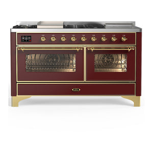ILVE Majestic III 60-Inch Dual Fuel Range with 7 Sealed Burners + Griddle + French Top, 5.8 cu. ft. Oven, Burgundy with Brass Trim, Natural Gas, Triple Glass Door, UM60FSNR3BUG