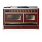 ILVE Majestic III 60-Inch Dual Fuel Range with 7 Sealed Burners + Griddle + French Top, 5.8 cu. ft. Oven, Burgundy with Brass Trim, Natural Gas, Triple Glass Door, UM60FSNR3BUG