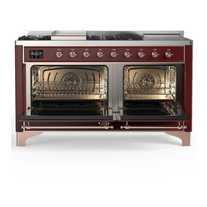 ILVE Majestic III 60-Inch Dual Fuel Range with 7 Sealed Burners + Griddle + French Top, 5.8 cu. ft. Oven, Burgundy with Copper Trim, Liquid Propane, Triple Glass Door, UM60FSNR3BUPLP