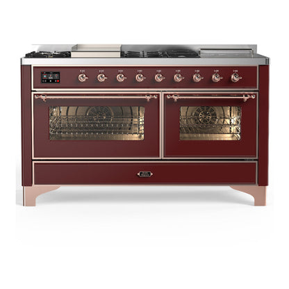 ILVE Majestic III 60-Inch Dual Fuel Range with 7 Sealed Burners + Griddle + French Top, 5.8 cu. ft. Oven, Burgundy with Copper Trim, Liquid Propane, Triple Glass Door, UM60FSNR3BUPLP