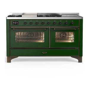 ILVE Majestic III 60-Inch Dual Fuel Range with 7 Sealed Burners + Griddle + French Top, 5.8 cu. ft. Oven, Emerald Green with Burnished Trim, Liquid Propane, Triple Glass Door, UM60FSNR3EGBLP