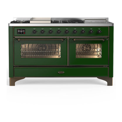 ILVE Majestic III 60-Inch Dual Fuel Range with 7 Sealed Burners + Griddle + French Top, 5.8 cu. ft. Oven, Emerald Green with Burnished Trim, Liquid Propane, Triple Glass Door, UM60FSNR3EGBLP