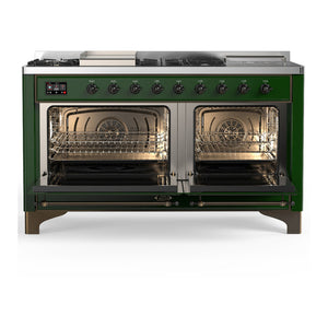 ILVE Majestic III 60-Inch Dual Fuel Range with 7 Sealed Burners + Griddle + French Top, 5.8 cu. ft. Oven, Emerald Green with Burnished Trim, Natural Gas, Triple Glass Door, UM60FSNR3EGB