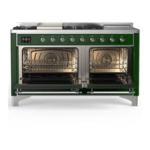 ILVE Majestic III 60-Inch Dual Fuel Range with 7 Sealed Burners + Griddle + French Top, 5.8 cu. ft. Oven, Emerald Green with Chrome Trim, Liquid Propane, Triple Glass Door, UM60FSNR3EGCLP