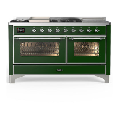 ILVE Majestic III 60-Inch Dual Fuel Range with 7 Sealed Burners + Griddle + French Top, 5.8 cu. ft. Oven, Emerald Green with Chrome Trim, Natural Gas, Triple Glass Door, UM60FSNR3EGC