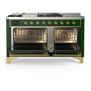 ILVE Majestic III 60-Inch Dual Fuel Range with 7 Sealed Burners + Griddle + French Top, 5.8 cu. ft. Oven, Emerald Green with Brass Trim, Liquid Propane, Triple Glass Door, UM60FSNR3EGGLP