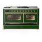 ILVE Majestic III 60-Inch Dual Fuel Range with 7 Sealed Burners + Griddle + French Top, 5.8 cu. ft. Oven, Emerald Green with Brass Trim, Liquid Propane, Triple Glass Door, UM60FSNR3EGGLP