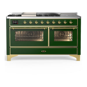 ILVE Majestic III 60-Inch Dual Fuel Range with 7 Sealed Burners + Griddle + French Top, 5.8 cu. ft. Oven, Emerald Green with Brass Trim, Liquid Propane, Triple Glass Door, UM60FSNR3EGGLP