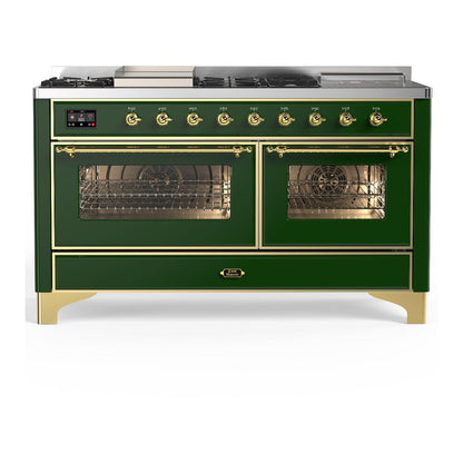 ILVE Majestic III 60-Inch Dual Fuel Range with 7 Sealed Burners + Griddle + French Top, 5.8 cu. ft. Oven, Emerald Green with Brass Trim, Natural Gas, Triple Glass Door, UM60FSNR3EGG