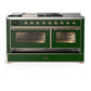 ILVE Majestic III 60-Inch Dual Fuel Range with 7 Sealed Burners + Griddle + French Top, 5.8 cu. ft. Oven, Emerald Green with Copper Trim, Liquid Propane, Triple Glass Door, UM60FSNR3EGPLP