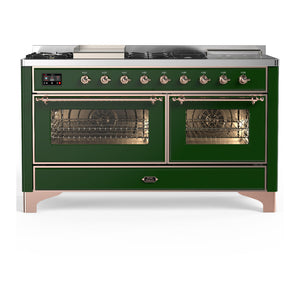 ILVE Majestic III 60-Inch Dual Fuel Range with 7 Sealed Burners + Griddle + French Top, 5.8 cu. ft. Oven, Emerald Green with Copper Trim, Natural Gas, Triple Glass Door, UM60FSNR3EGP
