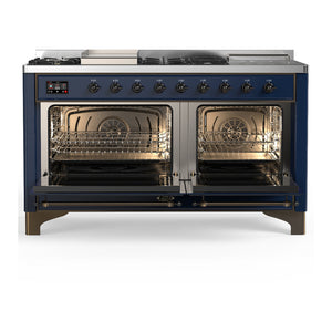 ILVE Majestic III 60-Inch Dual Fuel Range with 7 Sealed Burners + Griddle + French Top, 5.8 cu. ft. Oven, Mightnight Blue with Burnished Trim, Liquid Propane, Triple Glass Door, UM60FSNR3MBBLP