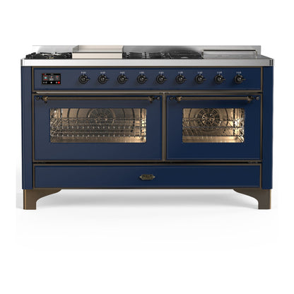 ILVE Majestic III 60-Inch Dual Fuel Range with 7 Sealed Burners + Griddle + French Top, 5.8 cu. ft. Oven, Mightnight Blue with Burnished Trim, Liquid Propane, Triple Glass Door, UM60FSNR3MBBLP
