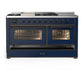 ILVE Majestic III 60-Inch Dual Fuel Range with 7 Sealed Burners + Griddle + French Top, 5.8 cu. ft. Oven, Mightnight Blue with Burnished Trim, Natural Gas, Triple Glass Door, UM60FSNR3MBB