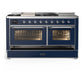 ILVE Majestic III 60-Inch Dual Fuel Range with 7 Sealed Burners + Griddle + French Top, 5.8 cu. ft. Oven, Mightnight Blue with Chrome Trim, Natural Gas, Triple Glass Door, UM60FSNR3MBC