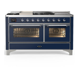 ILVE Majestic III 60-Inch Dual Fuel Range with 7 Sealed Burners + Griddle + French Top, 5.8 cu. ft. Oven, Mightnight Blue with Chrome Trim, Natural Gas, Triple Glass Door, UM60FSNR3MBC