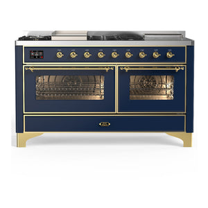 ILVE Majestic III 60-Inch Dual Fuel Range with 7 Sealed Burners + Griddle + French Top, 5.8 cu. ft. Oven, Mightnight Blue with Brass Trim, Liquid Propane, Triple Glass Door, UM60FSNR3MBGLP