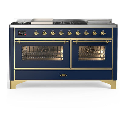 ILVE Majestic III 60-Inch Dual Fuel Range with 7 Sealed Burners + Griddle + French Top, 5.8 cu. ft. Oven, Mightnight Blue with Brass Trim, Liquid Propane, Triple Glass Door, UM60FSNR3MBGLP