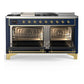 ILVE Majestic III 60-Inch Dual Fuel Range with 7 Sealed Burners + Griddle + French Top, 5.8 cu. ft. Oven, Mightnight Blue with Brass Trim, Natural Gas, Triple Glass Door, UM60FSNR3MBG