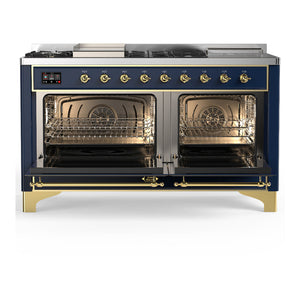 ILVE Majestic III 60-Inch Dual Fuel Range with 7 Sealed Burners + Griddle + French Top, 5.8 cu. ft. Oven, Mightnight Blue with Brass Trim, Natural Gas, Triple Glass Door, UM60FSNR3MBG