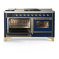ILVE Majestic III 60-Inch Dual Fuel Range with 7 Sealed Burners + Griddle + French Top, 5.8 cu. ft. Oven, Mightnight Blue with Brass Trim, Natural Gas, Triple Glass Door, UM60FSNR3MBG