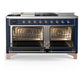 ILVE Majestic III 60-Inch Dual Fuel Range with 7 Sealed Burners + Griddle + French Top, 5.8 cu. ft. Oven, Mightnight Blue with Copper Trim, Liquid Propane, Triple Glass Door, UM60FSNR3MBPLP