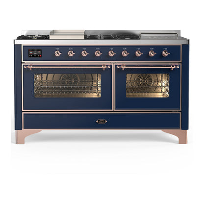 ILVE Majestic III 60-Inch Dual Fuel Range with 7 Sealed Burners + Griddle + French Top, 5.8 cu. ft. Oven, Mightnight Blue with Copper Trim, Liquid Propane, Triple Glass Door, UM60FSNR3MBPLP