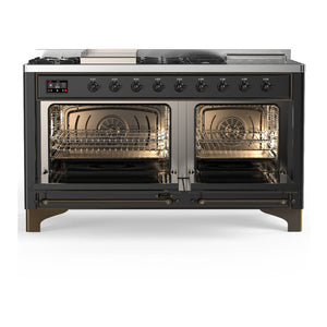 ILVE Majestic III 60-Inch Dual Fuel Range with 7 Sealed Burners + Griddle + French Top, 5.8 cu. ft. Oven, Matte Graphite with Burnished Trim, Liquid Propane, Triple Glass Door, UM60FSNR3MGBLP