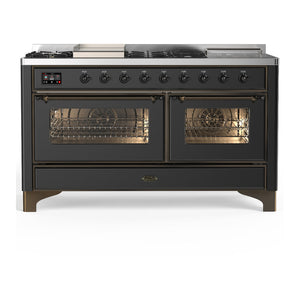 ILVE Majestic III 60-Inch Dual Fuel Range with 7 Sealed Burners + Griddle + French Top, 5.8 cu. ft. Oven, Matte Graphite with Burnished Trim, Liquid Propane, Triple Glass Door, UM60FSNR3MGBLP
