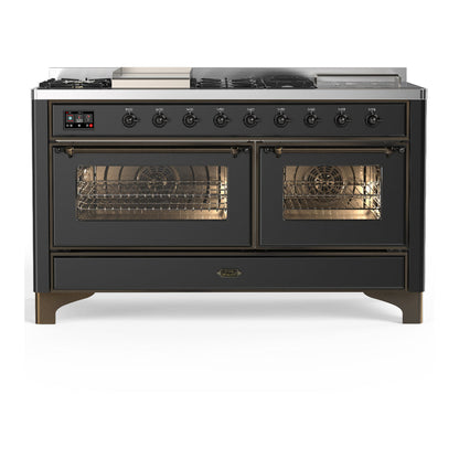 ILVE Majestic III 60-Inch Dual Fuel Range with 7 Sealed Burners + Griddle + French Top, 5.8 cu. ft. Oven, Matte Graphite with Burnished Trim, Natural Gas, Triple Glass Door, UM60FSNR3MGB