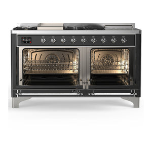 ILVE Majestic III 60-Inch Dual Fuel Range with 7 Sealed Burners + Griddle + French Top, 5.8 cu. ft. Oven, Matte Graphite with Chrome Trim, Natural Gas, Triple Glass Door, UM60FSNR3MGC