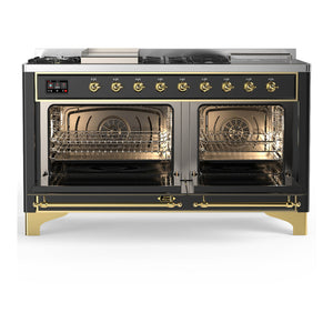 ILVE Majestic III 60-Inch Dual Fuel Range with 7 Sealed Burners + Griddle + French Top, 5.8 cu. ft. Oven, Matte Graphite with Brass Trim, Liquid Propane, Triple Glass Door, UM60FSNR3MGGLP