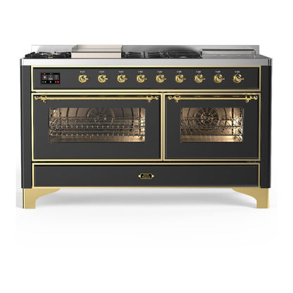 ILVE Majestic III 60-Inch Dual Fuel Range with 7 Sealed Burners + Griddle + French Top, 5.8 cu. ft. Oven, Matte Graphite with Brass Trim, Liquid Propane, Triple Glass Door, UM60FSNR3MGGLP