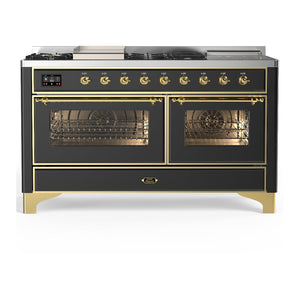 ILVE Majestic III 60-Inch Dual Fuel Range with 7 Sealed Burners + Griddle + French Top, 5.8 cu. ft. Oven, Matte Graphite with Brass Trim, Natural Gas, Triple Glass Door, UM60FSNR3MGG