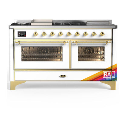 ILVE Majestic III 60-Inch Dual Fuel Range with 7 Sealed Burners + Griddle + French Top, 5.8 cu. ft. Oven, RAL with Brass Trim, Natural Gas, Triple Glass Door, UM60FSNR3RAG