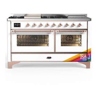ILVE Majestic III 60-Inch Dual Fuel Range with 7 Sealed Burners + Griddle + French Top, 5.8 cu. ft. Oven, RAL with Copper Trim, Natural Gas, Triple Glass Door, UM60FSNR3RAP