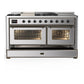 ILVE Majestic III 60-Inch Dual Fuel Range with 7 Sealed Burners + Griddle + French Top, 5.8 cu. ft. Oven, Stainless Steel with Burnished Trim, Liquid Propane, Triple Glass Door, UM60FSNR3SSBLP