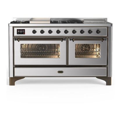 ILVE Majestic III 60-Inch Dual Fuel Range with 7 Sealed Burners + Griddle + French Top, 5.8 cu. ft. Oven, Stainless Steel with Burnished Trim, Liquid Propane, Triple Glass Door, UM60FSNR3SSBLP