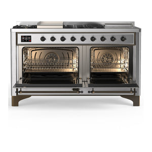 ILVE Majestic III 60-Inch Dual Fuel Range with 7 Sealed Burners + Griddle + French Top, 5.8 cu. ft. Oven, Stainless Steel with Burnished Trim, Natural Gas, Triple Glass Door, UM60FSNR3SSB