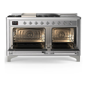 ILVE Majestic III 60-Inch Dual Fuel Range with 7 Sealed Burners + Griddle + French Top, 5.8 cu. ft. Oven, Stainless Steel with Chrome Trim, Liquid Propane, Triple Glass Door, UM60FSNR3SSCLP