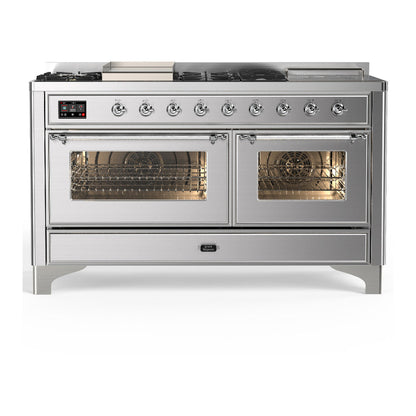 ILVE Majestic III 60-Inch Dual Fuel Range with 7 Sealed Burners + Griddle + French Top, 5.8 cu. ft. Oven, Stainless Steel with Chrome Trim, Liquid Propane, Triple Glass Door, UM60FSNR3SSCLP